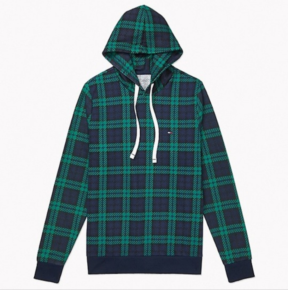 TOMMY HILFIGER MEN'S BLACKWATCH PLAID TARTAN LOUNGE HOODIE LG NWT SO 1 LEFT!